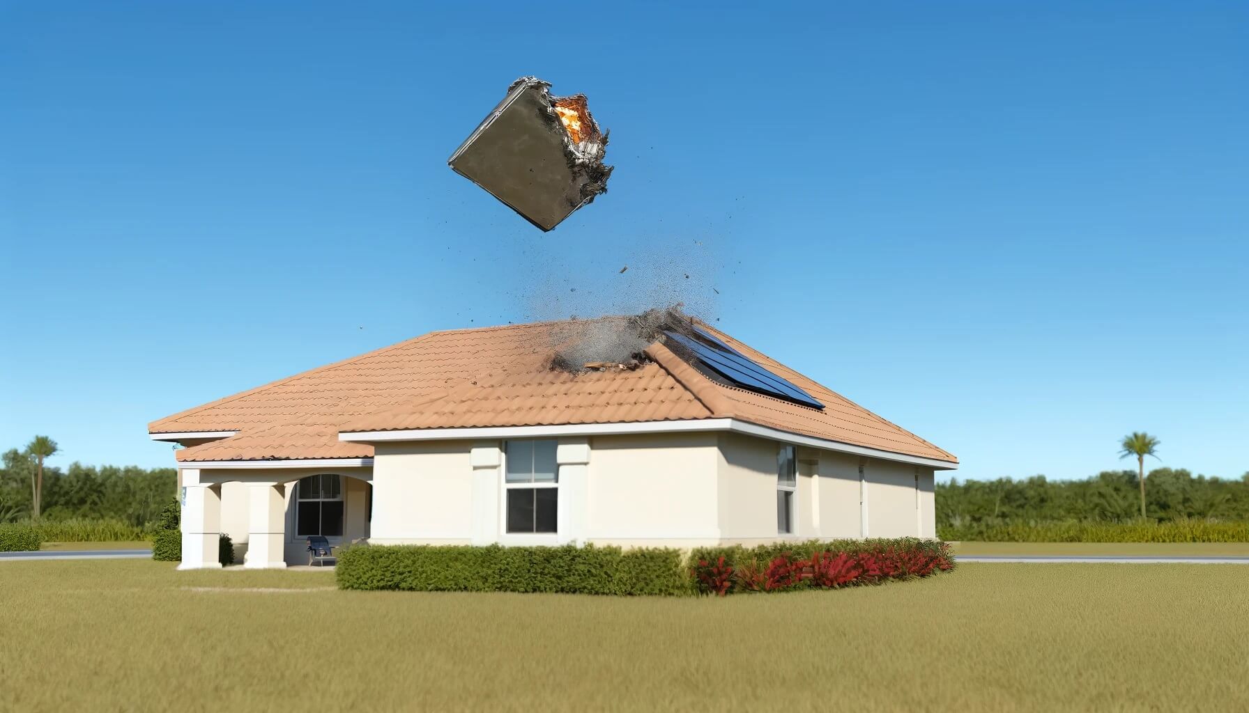 На дом жителя США упал космический мусор — ведется расследование. Космический мусор упал на дом жителя Флориды. Изображение создано нейросетью DALLE-3. Фото.