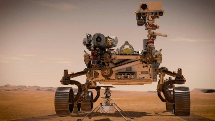 收集火星土壤样本。 毅力号火星车和聪明号直升机。 资料来源：nasa.gov 照片。