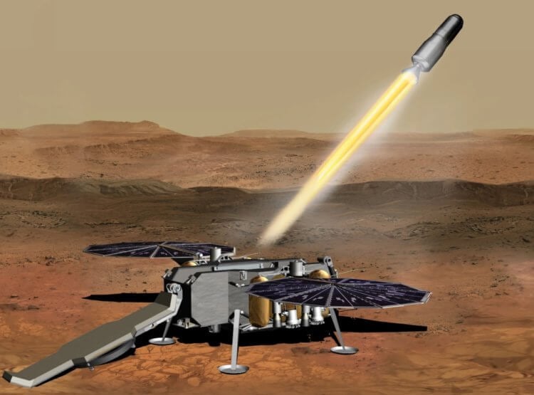 将火星土壤运送到地球。 根据美国宇航局的说法，将土壤送入火星轨道看起来像这样。 资料来源：sciencealert.com 照片。