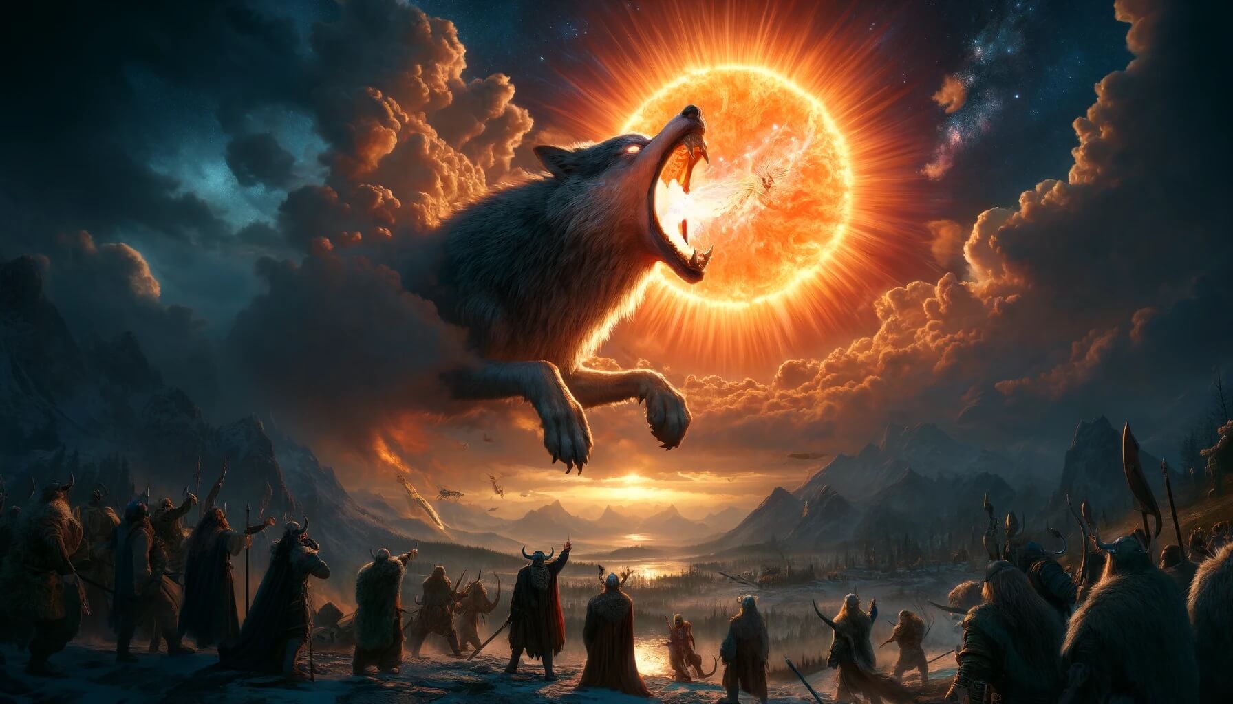 Скандинавская легенда о солнечном затмении. Викинги считали, что во время затмений на небе происходит эпическая битва. Фото.