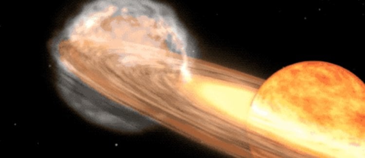 Tau-supernovaeksplosion. Samspillet mellem to Tau-objekter som forestillet af en kunstner. Billede: sciencealert.com. Foto.