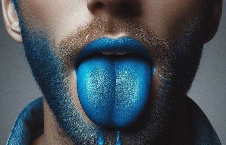 舌头敏感度测试。 您可以使用蓝色食用色素通过超级味觉测试。 照片。
