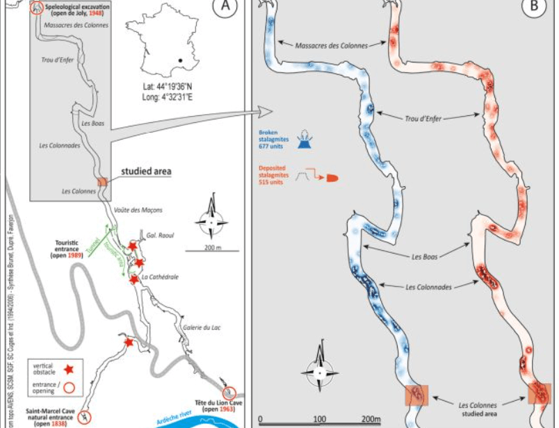 Секрет пещеры Сен-Марсель. Карта пещеры Сен-Марсель, с указанием участка, где были обнаружены сломанные отложения. Источник фото: Scince Alert. Фото.