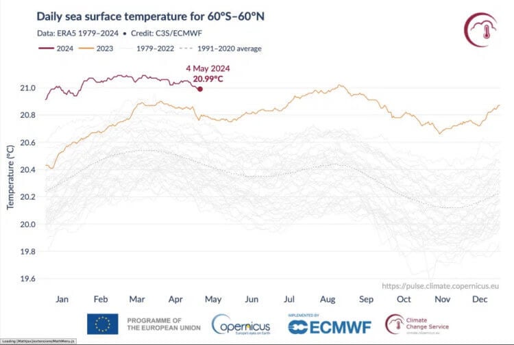 Смертность и стихийные бедствия. Среднесуточная температура поверхности моря (°C), усредненная по внеполярному глобальному океану (60°южной широты-60°северной широты) за 2023 (оранжевый) и 2024 годы (темно–красный). Источник данных: ERA5. Изображение: C3S/ECMWF. Фото.