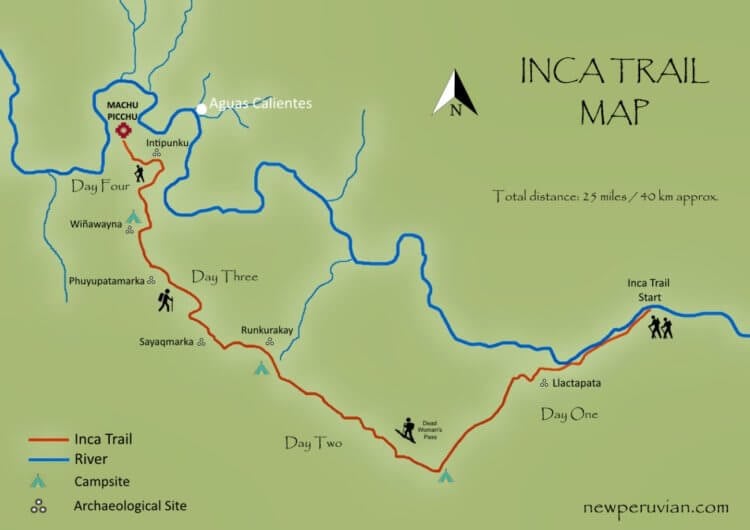 Hvad er Inca Trail. Inka Trail er fremhævet med en rød linje på kortet. Billedkilde: newperuvian.com. Foto.