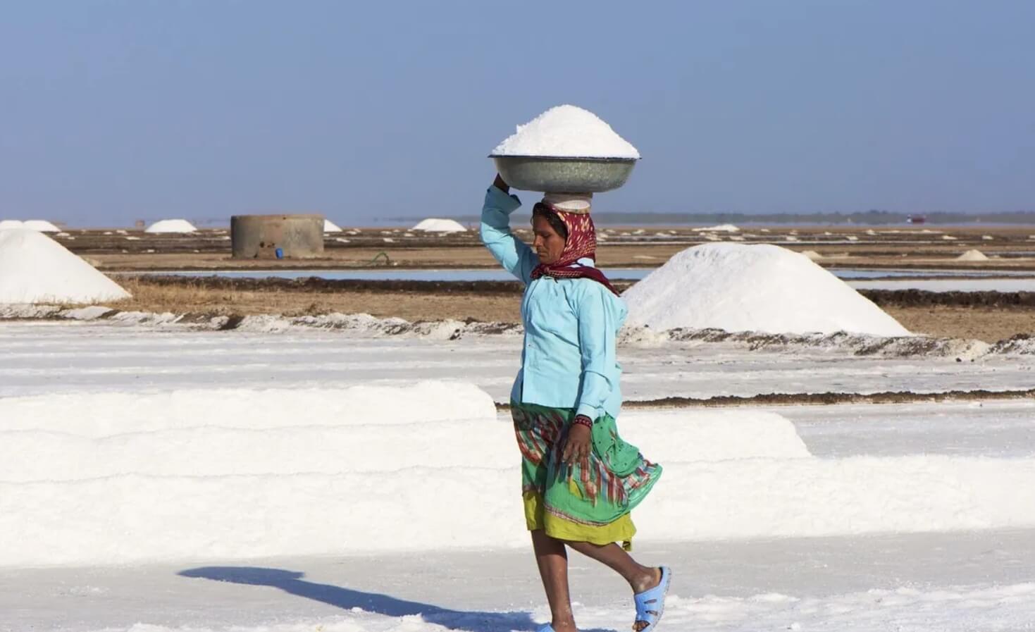 Добыча соли в Индии. Тяжелый физический труд на солончаке вынуждены выполнять даже женщины. Источник: fishki.net. Фото.
