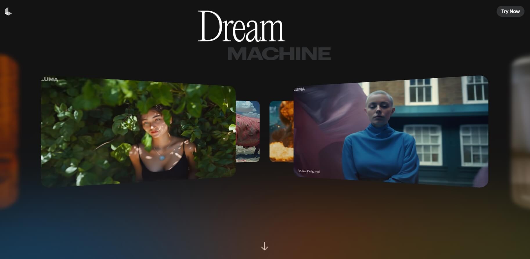 Как нейросеть делает видео по тексту. Главная страница Dream Machine, кнопка «Try Now» находится справа сверху. Фото.