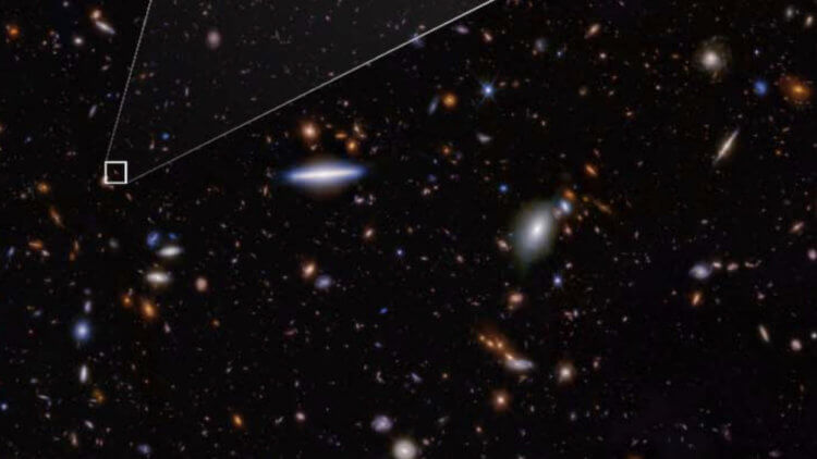 Галактика-рекордсмен. На снимке, сделанном космическим телескопом Джеймса Уэбба, можно увидеть старейшую из когда-либо обнаруженных галактик. Изображение: НАСА / ЕКА / CSA / STSc / Б. Робертсон (Калифорнийский университет Санта-Крус) / Б. Джонсон (CfA) / С. Такчелла (Кембридж) / П. Каргайл (CfA). Фото.