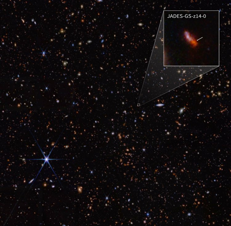 Почему древние галактики такие яркие? Космический телескоп Джеймса Уэбба видит красным цветом ранние галактики. Так выглядит самая древняя галактика во Вселенной – JADES-GSz14-0. Изображение: НАСА / ЕКА / CSA / STSc / Б. Робертсон (Калифорнийский университет Санта-Крус) / Б. Джонсон (CfA) / С. Такчелла (Кембридж) / П. Каргайл (CfA). Фото.