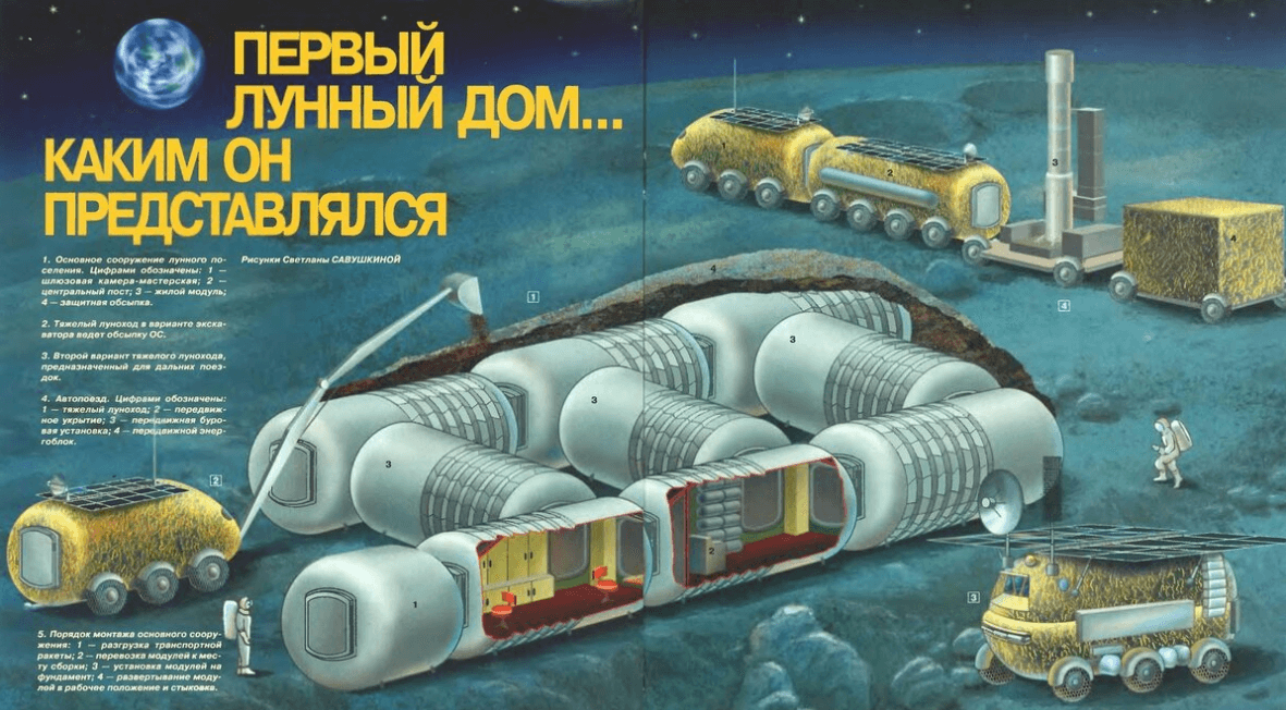 Первый в мире проект лунной базы. Лунная база состояла из отдельных модулей, которые изготавливались на Земле. Источник изображения: dzen.ru. Фото.