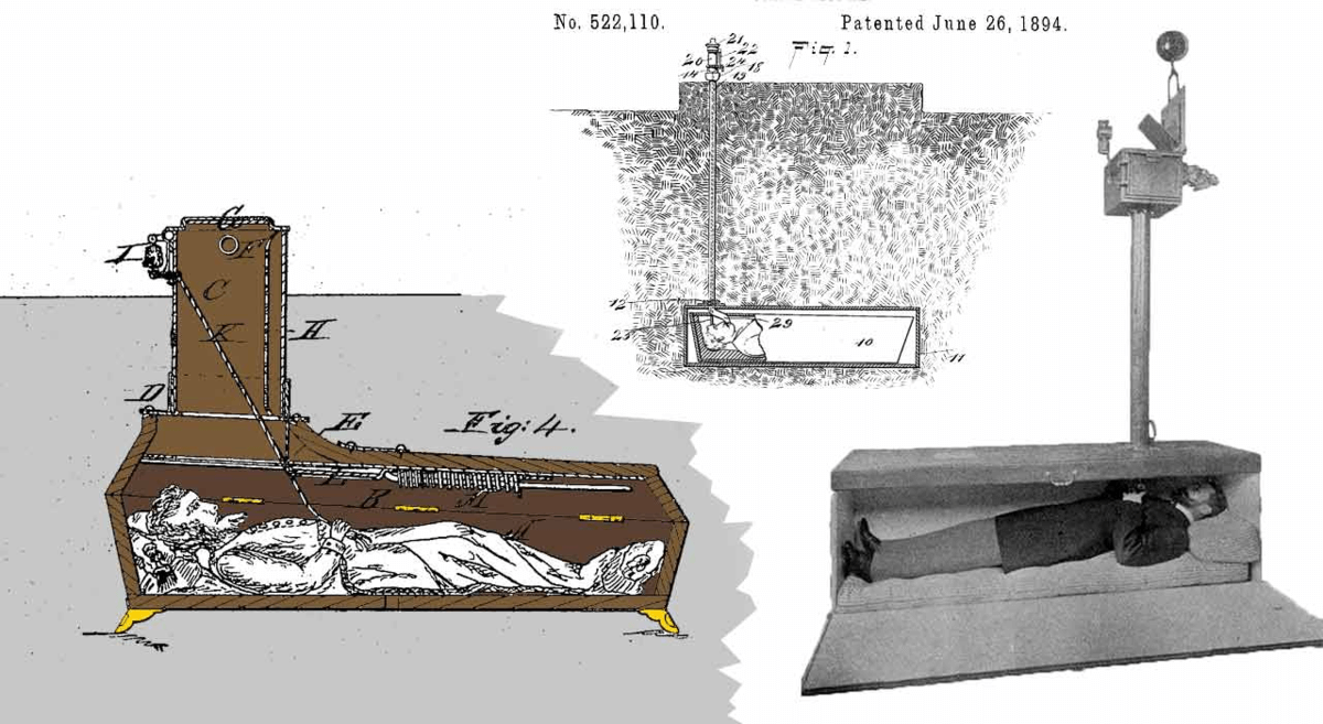 Погребённые заживо. Запатентованные безопасные гробы 19 века. Источник изображения: reformedperspective.ca. Фото.