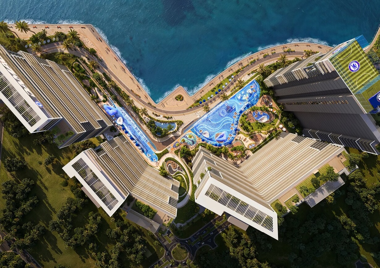 Небоскреб с футбольным полем. Комплекс Chelsea Residences с видом сверху. Источник изображения: newatlas.com. Фото.