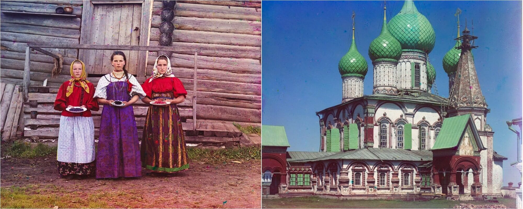 Цветная фотография до революции: как это стало возможно. Слева молодые русские крестьянки недалеко от реки Шексна, 1909 год. Справа церковь Иоанна Златоуста, Ярославль, 1911 год. Фотограф Сергей Прокудин-Горский. Источник изображения: cameralabs.org. Фото.