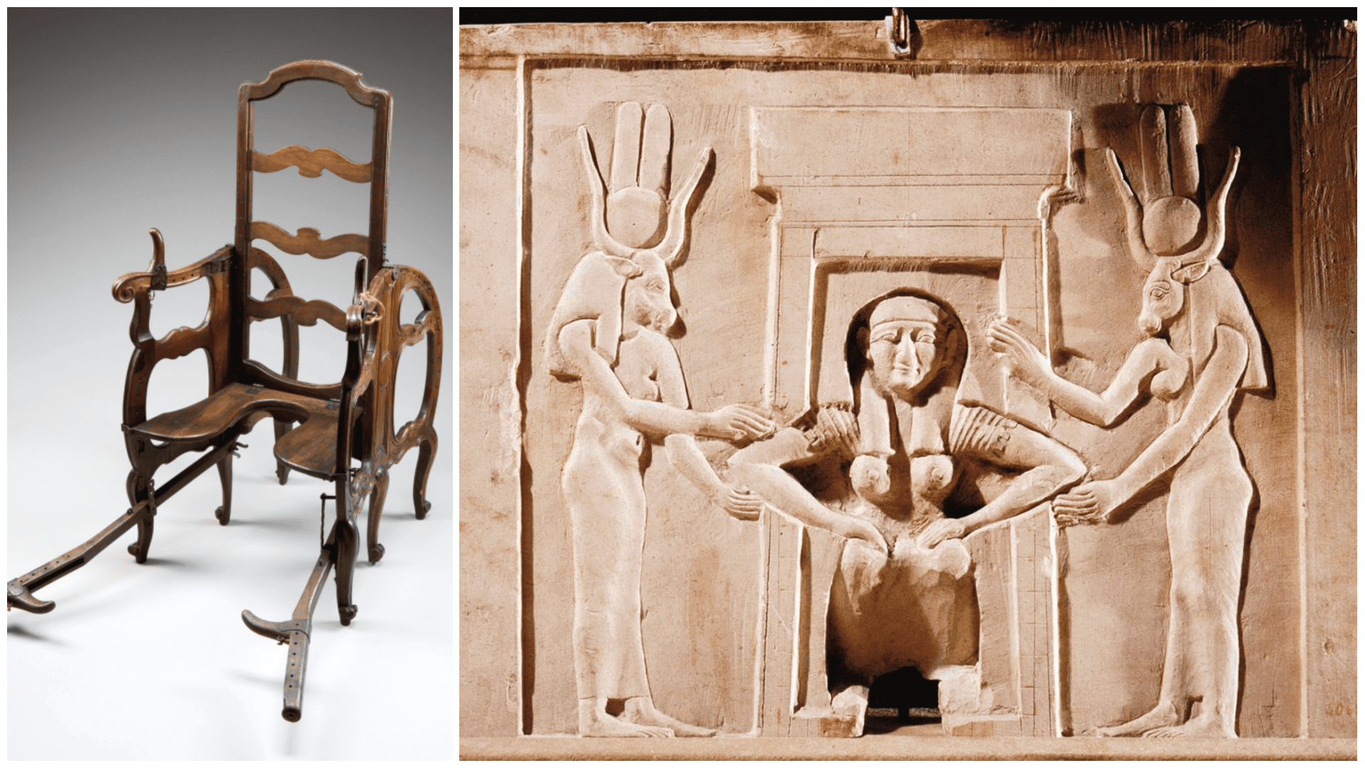 Как рожали раньше и почему это было эффективно. 1. Кресло для родов XIX век. 2. Изображение рожающей женины, которой помогают богини Таурт и Хатхор, храм Хатхор в Дендере. Источник изображения: kulturologia.ru. Фото.