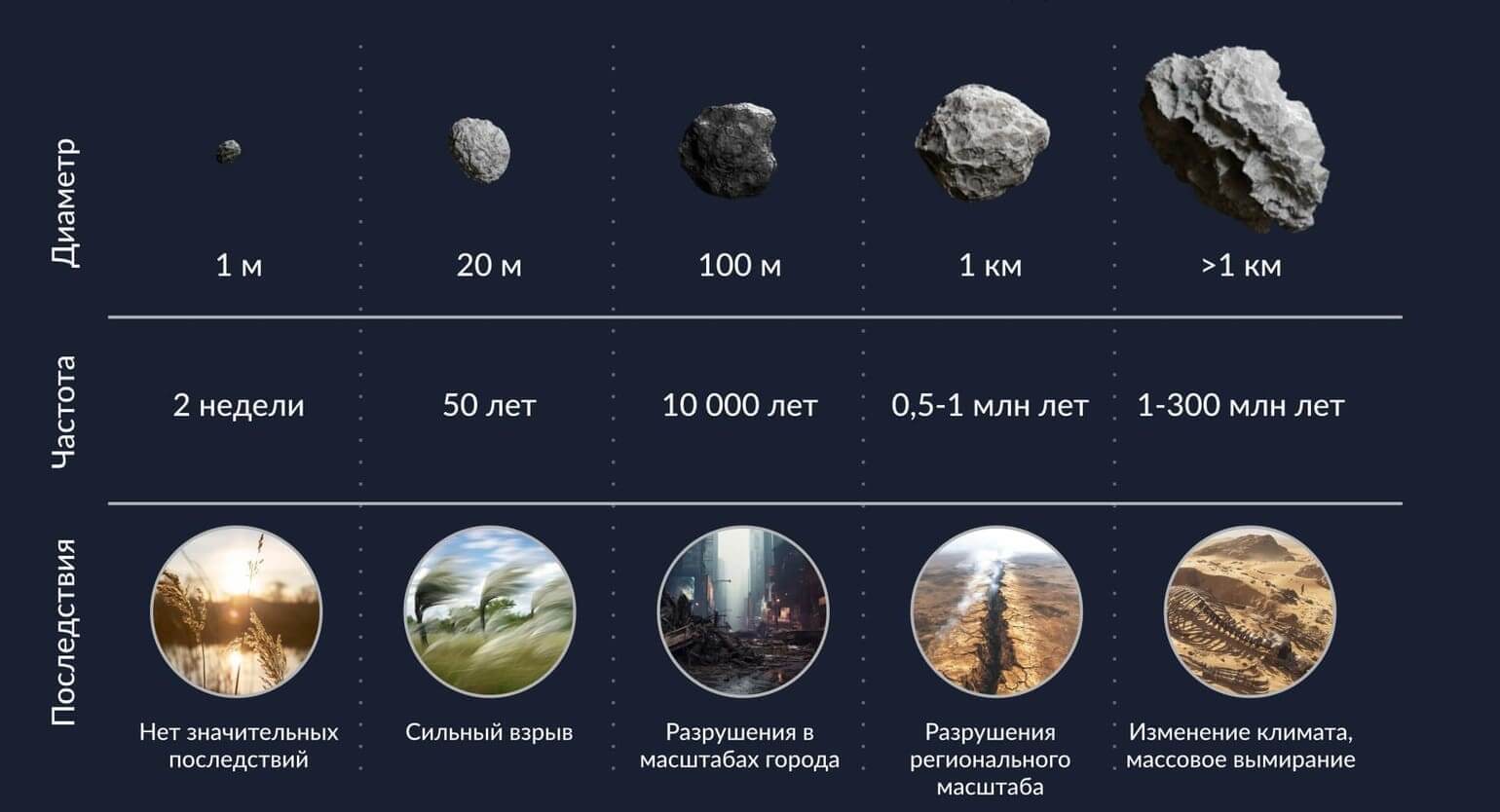 Список астероидов, которые подлетят к Земле в 2025 году. Частота столкновения астероидов с Землёй. Источник изображения: starwalk.space. Фото.