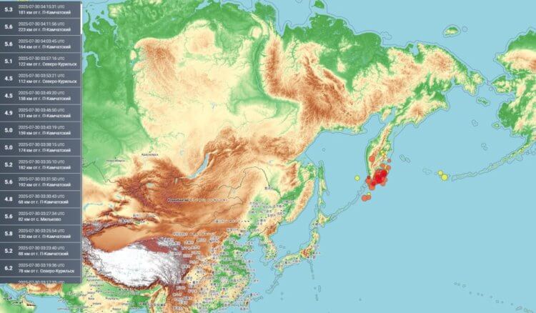 Землетрясение на Камчатке в июле 2025. Карта подземных толчков на Камчатке. Источник изображения: nmosknews.ru. Землетрясение на Камчатке в июле 2025. Карта подземных толчков на Камчатке. Источник изображения: nmosknews.ru. Фото.