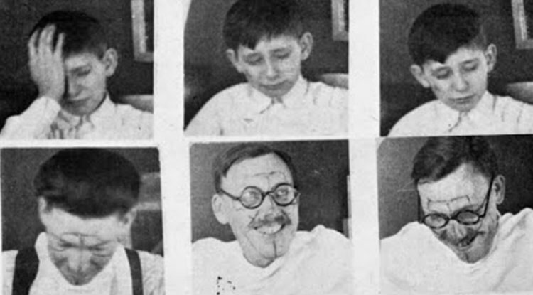 Как проходил эксперимент Лэндиса. Участникам рисовали чёрные линии на лице, чтобы лучше фиксировать движение мышц. Как проходил эксперимент Лэндиса. Участникам рисовали чёрные линии на лице, чтобы лучше фиксировать движение мышц. Фото.