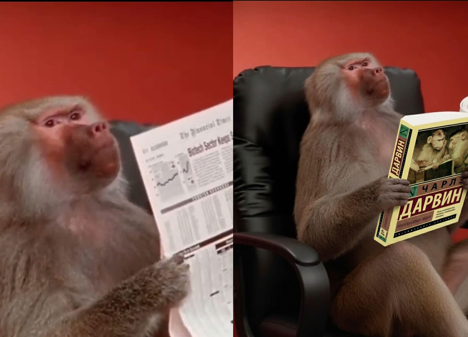 Заменить объекты на фото при помощи нейросети. Промт: замени газету в руках обезьяны на книгу (обложку книги нужно прикрепить вместе с фотографией обезьяны. Фото.