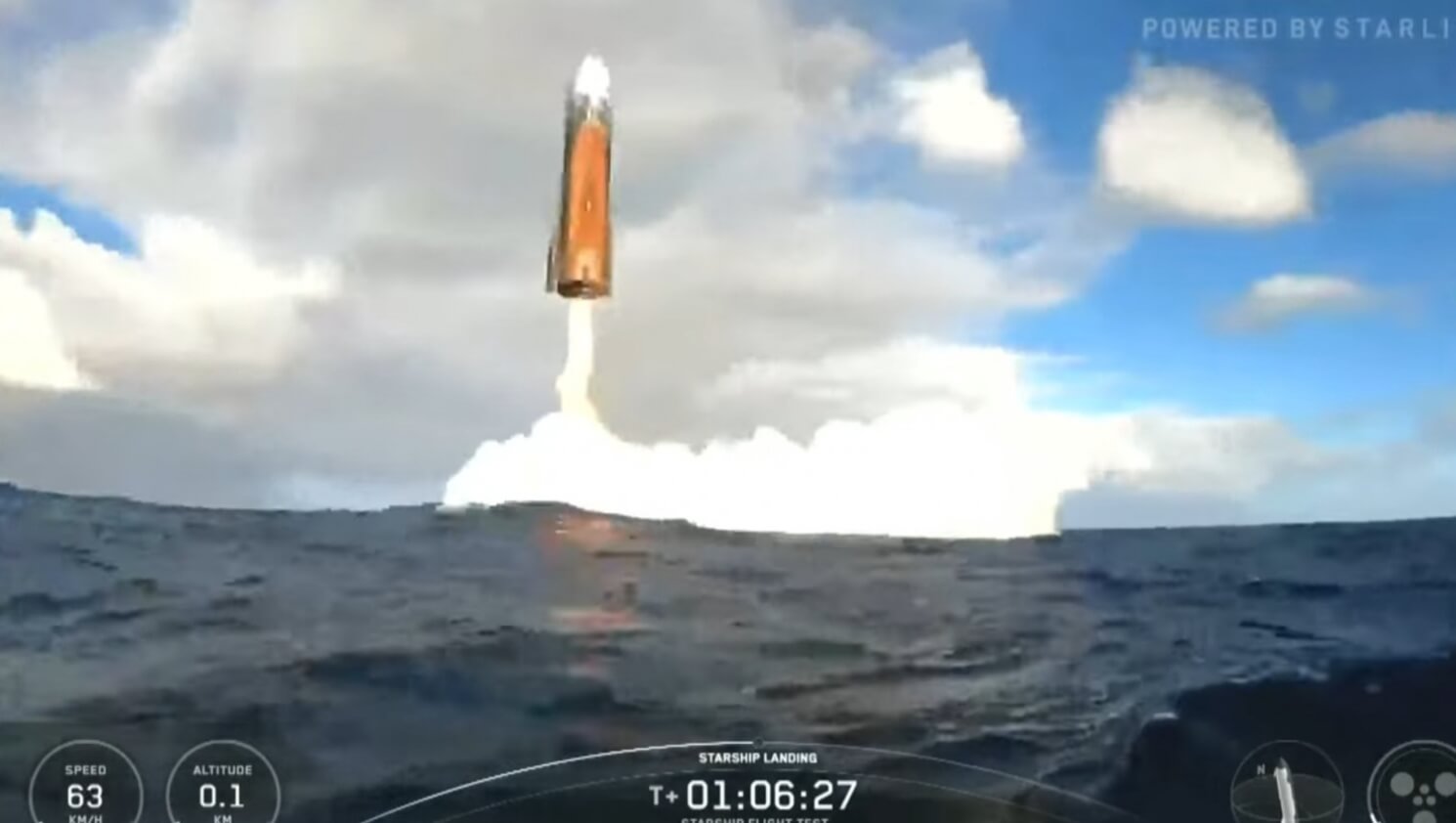 Посадка Starship в Индийском океане. Ракета Starship перед взрывом. Источник изображения: spacex.com. Фото.