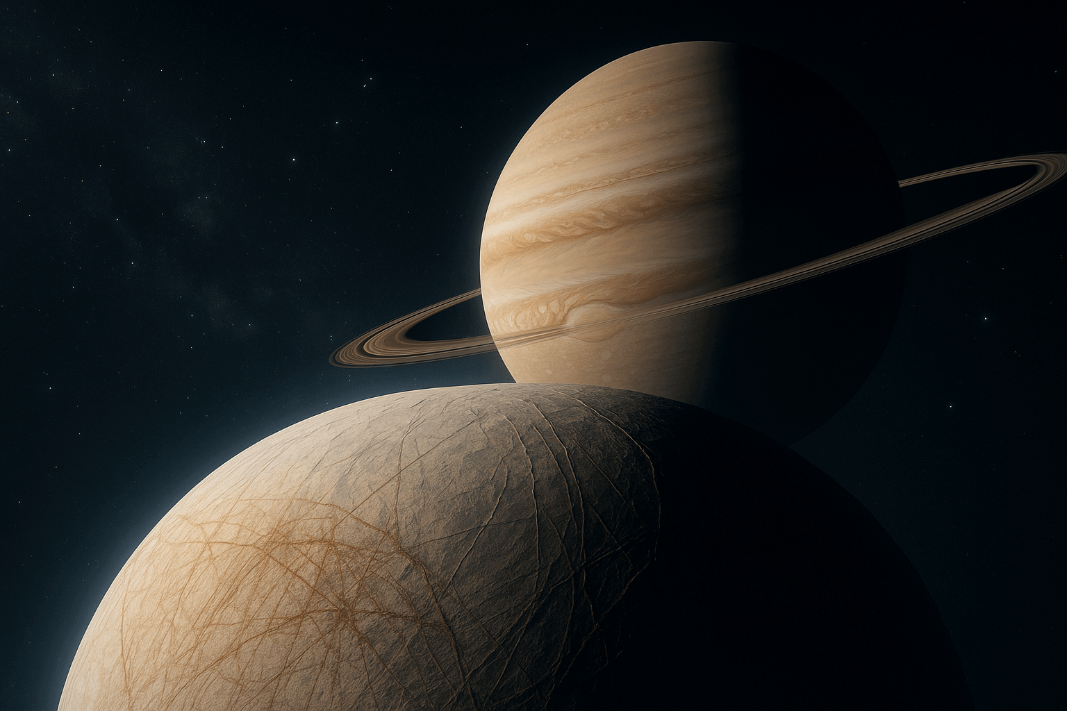 Энцелад (спутник Сатурна) — под ледяной корой скрыт океан, выбрасывает гейзеры воды. Перспективен, но находится очень далеко. Фото.