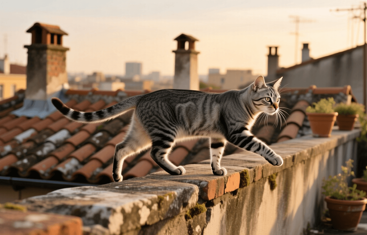 Как кошки пользуются хвостом. Ходить по узким балкам и заборам кошки могут благодаря хвосту. Фото.