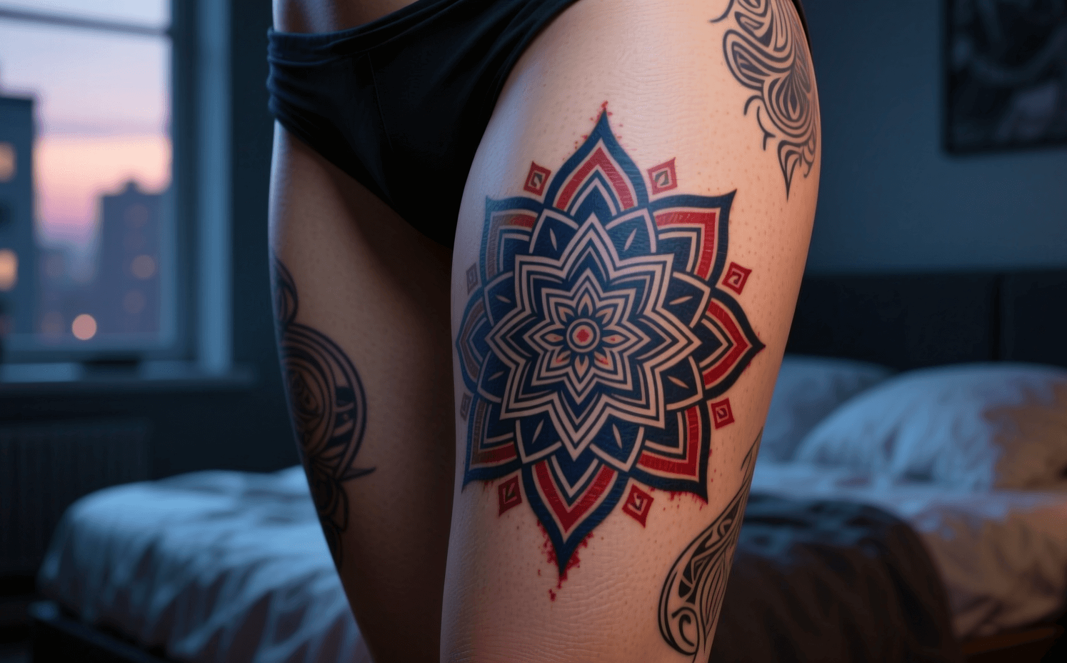 Где делать татуировку на ногах. Тату на внешней стороне бедра делаются с меньшим дискомфортом, чем на многих других частях тела. Фото.