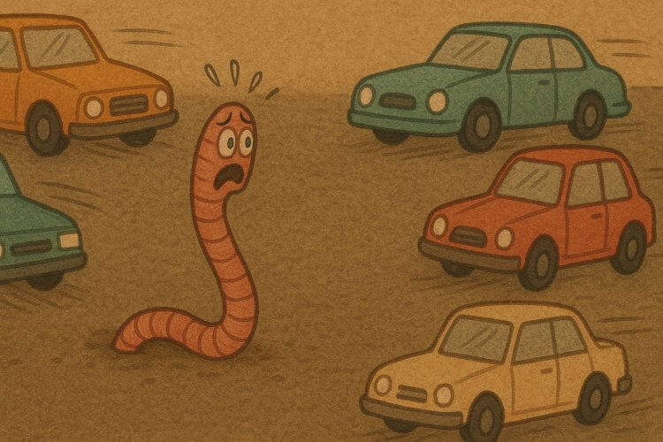 Чем опасен асфальт для дождевых червей. Часто черви погибают после попадания наружу. Фото.