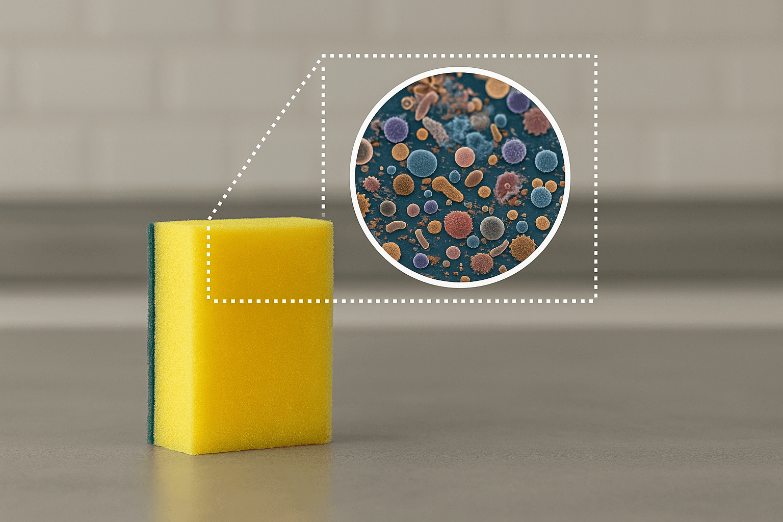 Губка для мытья посуды: почему она становится рассадником микробов. В исследовании Scientific Reports показана локальная плотность до 5,4×10¹⁰ клеток/см³ и высокая доля грамотрицательных бактерий. Фото.