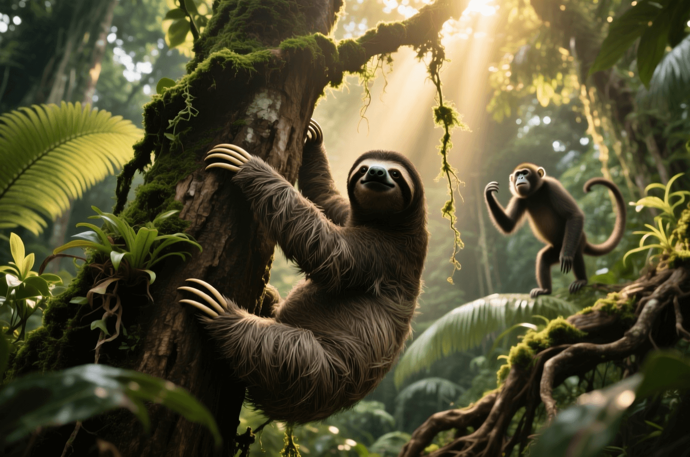 Спускаясь на землю, ленивец подвергает себя опасности. Фото.