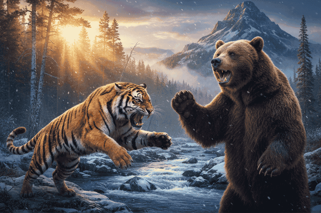 Реальные схватки тигра и медведя: за кем победа. Итог зависит от места, времени года и того, кто первым атаковал. Реальные схватки тигра и медведя: за кем победа. Итог зависит от места, времени года и того, кто первым атаковал. Фото.
