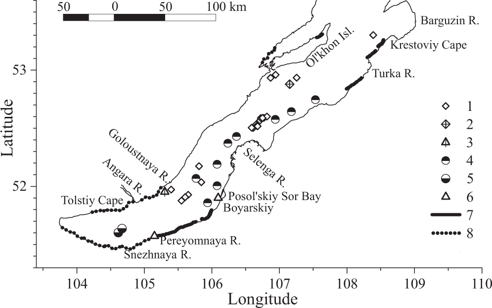 Что находится на дне Байкала. Карта центрального и южного бассейна озера Байкал, включающая (1) гидраты метана, обнаруженные в поверхностном слое донных отложений, (2) грязевой вулкан “Санкт-Петербург”, (3) выход газа “Ступа”, (4) колобовник, о котором сообщили Гранин и Гранина30, (5) колобовник исследован в 2014 году, (6) сопки исследованы в 2017 и 2018 годах, (7) прибрежные районы с сопками в 2018 году, (8) прибрежные районы без сопок в 2018 году. Источник изображения: nature.com. Фото.