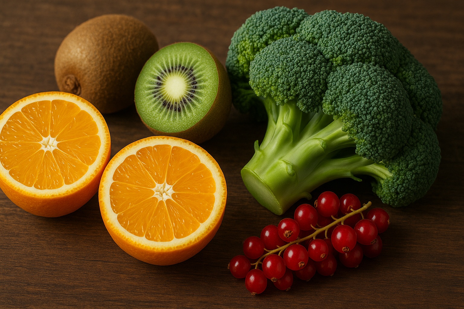 Киви, апельсины, смородина или брокколи — отличные продукты при простуде. Фото.