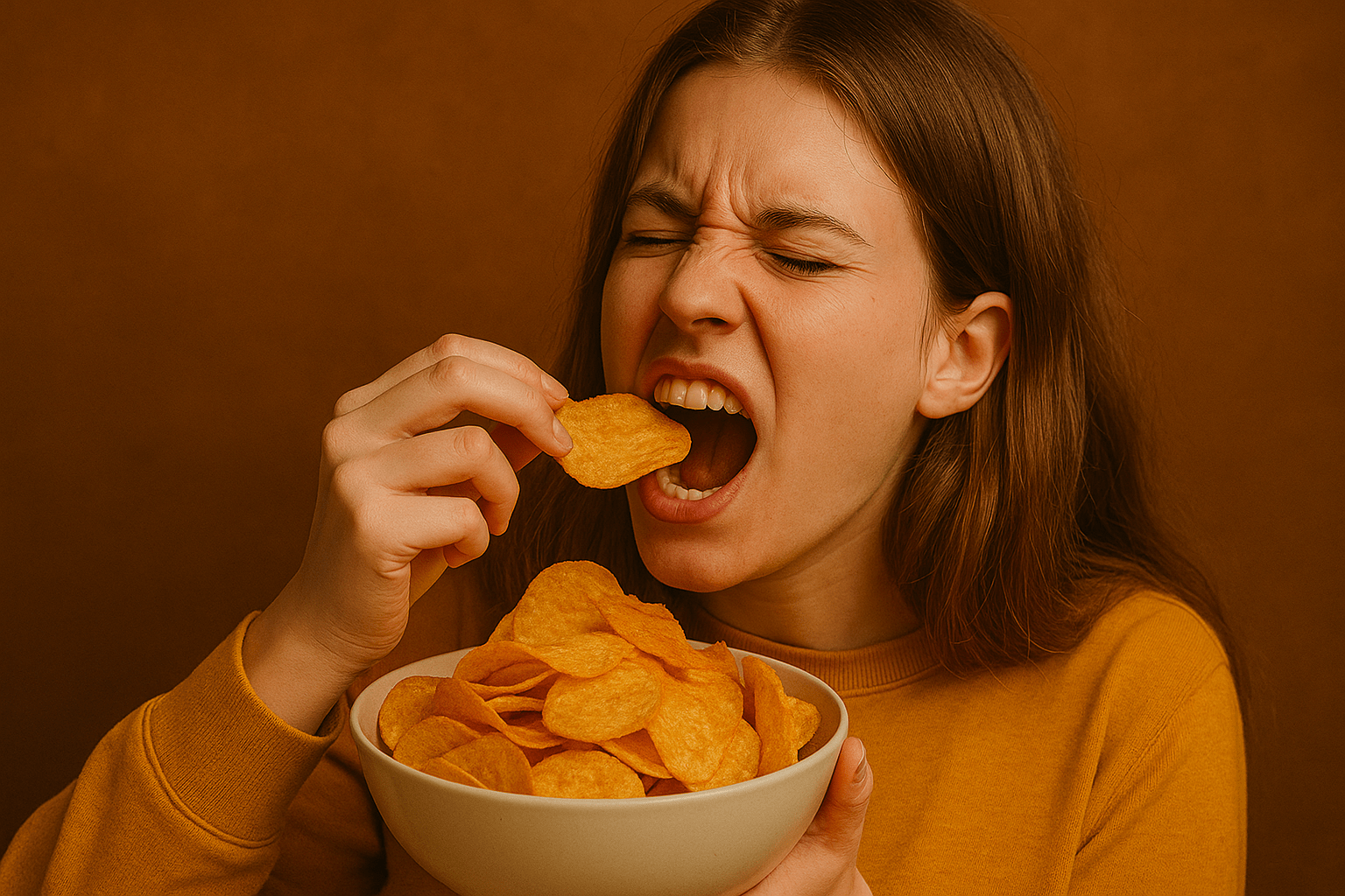 Что делает чипсы такими вкусными и почему мозг требует ещё. Палатебельные продукты (богатые жиром/углеводами/солью) активируют дофаминовую систему вознаграждения и могут усиливать тягу к перееданию, что описано в обзорах по нейробиологии питания. Фото.