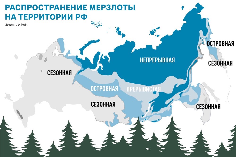 Карта с обозначением зон распространения мерзлоты на территории России. Источник изображения: 9111.ru. Фото.