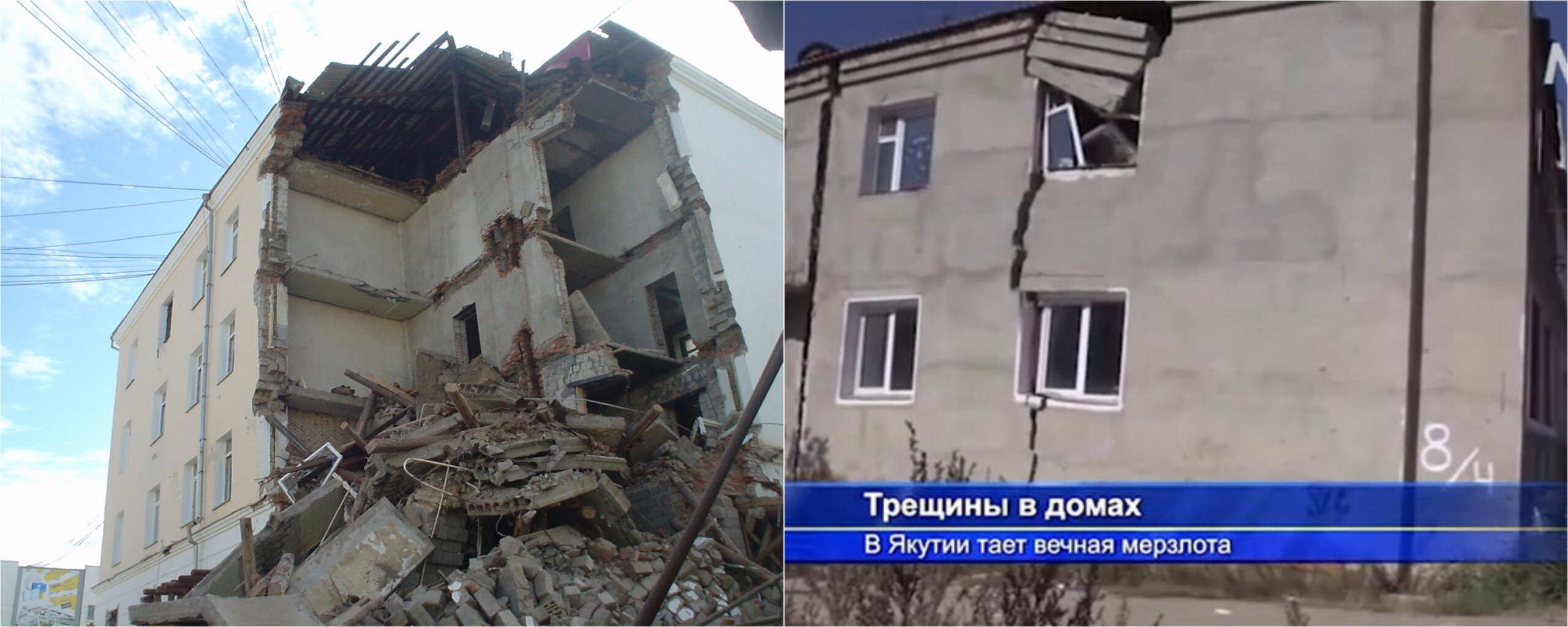 Низкий, но растущий риск: крупные города южнее. Разрушение зданий на мерзлоте, Якутия. Источники изображений: geocryology.com, russian.rt.com. Низкий, но растущий риск: крупные города южнее. Разрушение зданий на мерзлоте, Якутия. Источники изображений: geocryology.com, russian.rt.com. Фото.