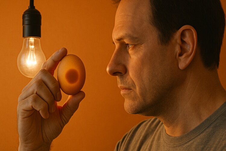 Проверить яйцо под лампочкой. У свежего яйца желток всегда располагается по центру. Фото.