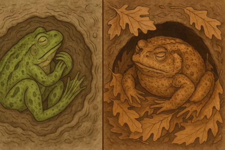 Зимняя спячка животных. Водные лягушки закапываются в ил, а наземные прячутся в норах. Зимняя спячка животных. Водные лягушки закапываются в ил, а наземные прячутся в норах. Фото.