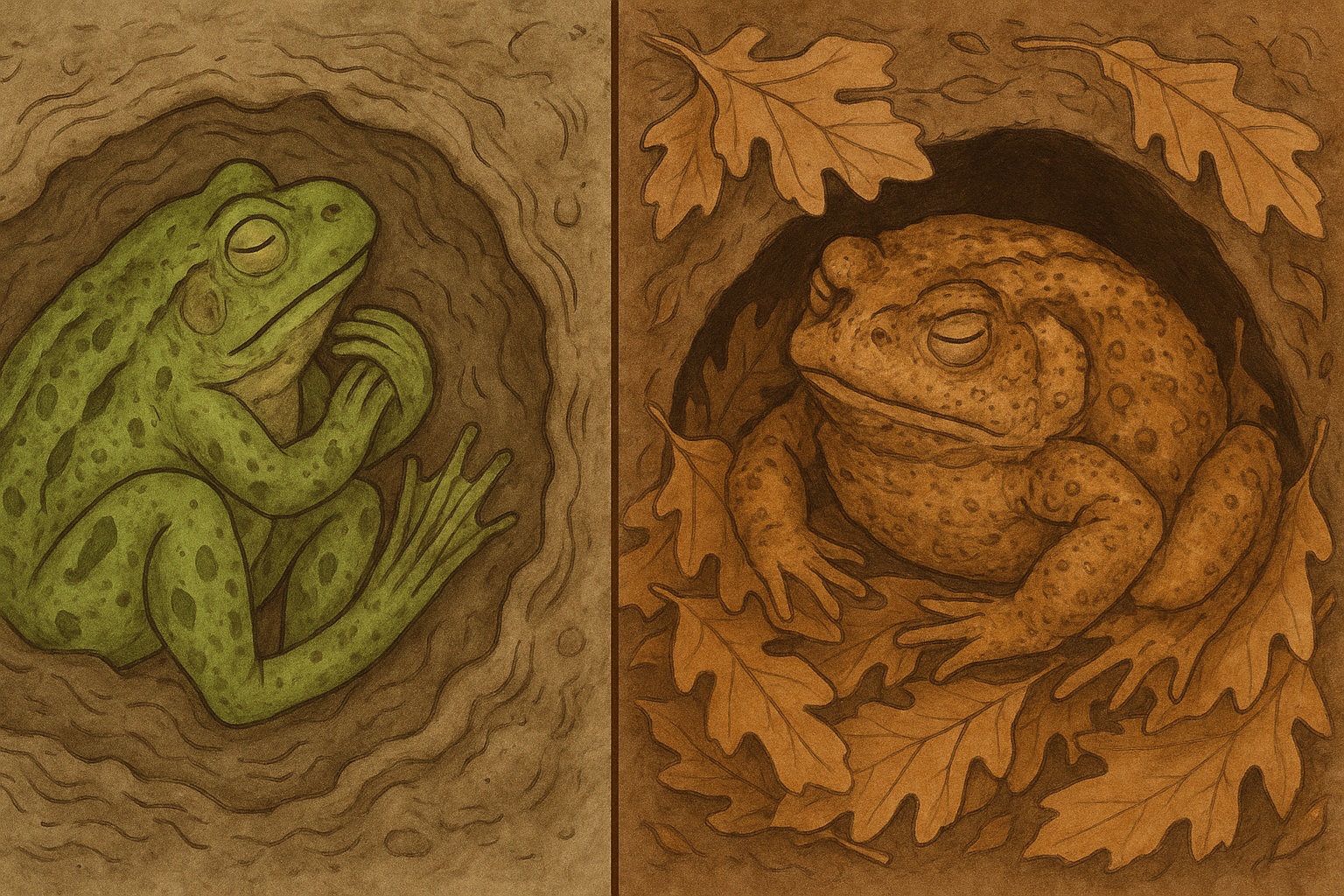 Водные лягушки закапываются в ил, а наземные прячутся в норах. Фото.