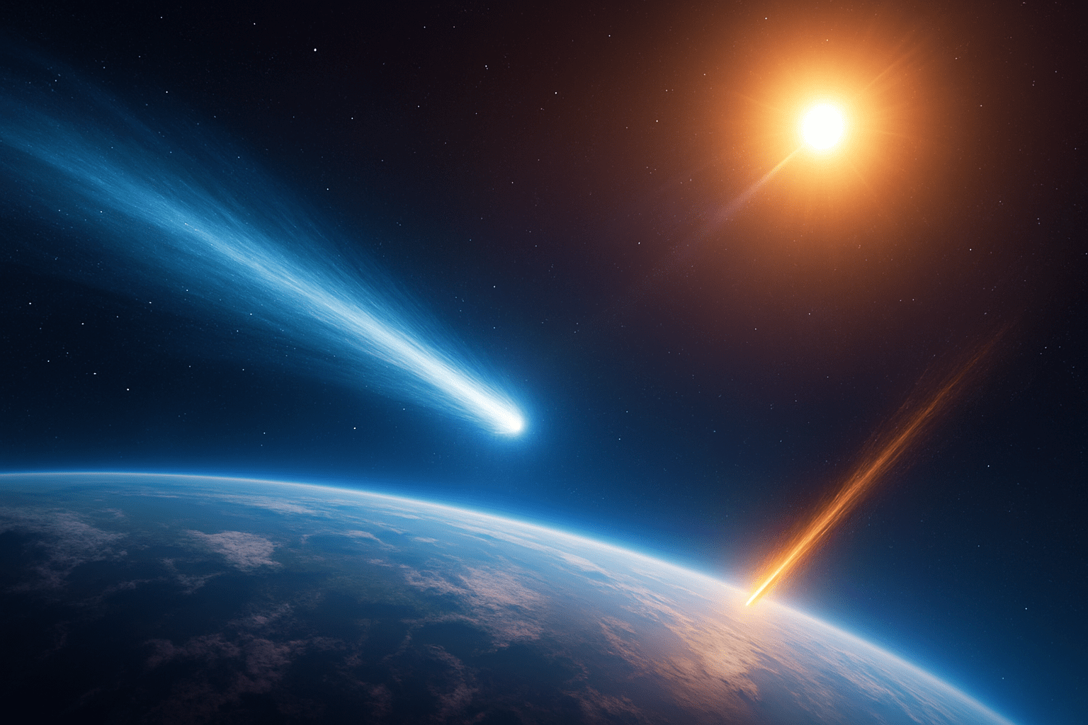 Чем отличаются кометы, метеороиды и метеориты. Комета и метеор от ИИ. Чем отличаются кометы, метеороиды и метеориты. Комета и метеор от ИИ. Фото.