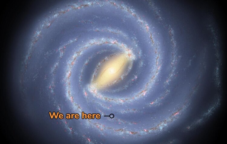 Мы мчимся по галактике на скорости 828 тысяч км/ч. Наше место в галактике Млечный путь. Источник изображения: reddit.com. Фото.