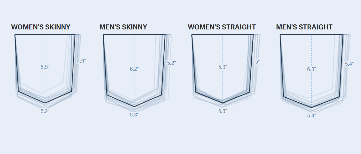 Сравнение задних женских и мужских карманов по среднему размеру. Источник изображения: pudding.cool. Фото.