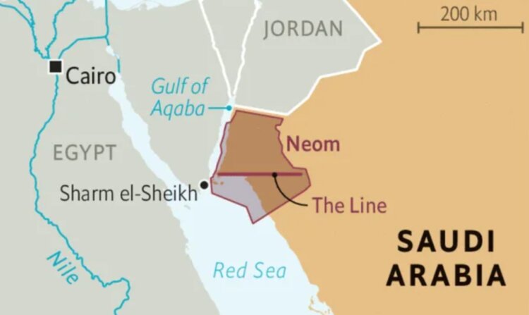 Город-линия The Line в Саудовской Аравии. Город The Line на карте. Источник изображения: dzen.ru. Фото.