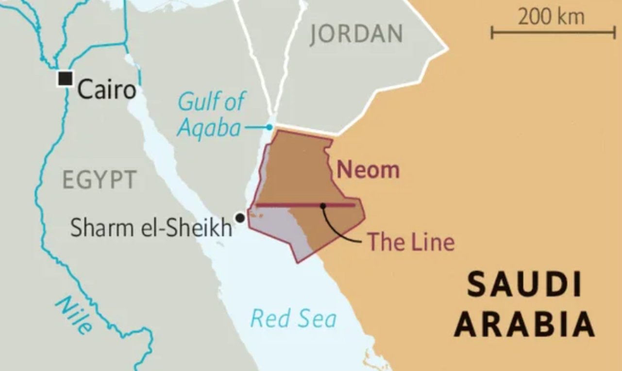 Город The Line на карте. Источник изображения: dzen.ru. Фото.