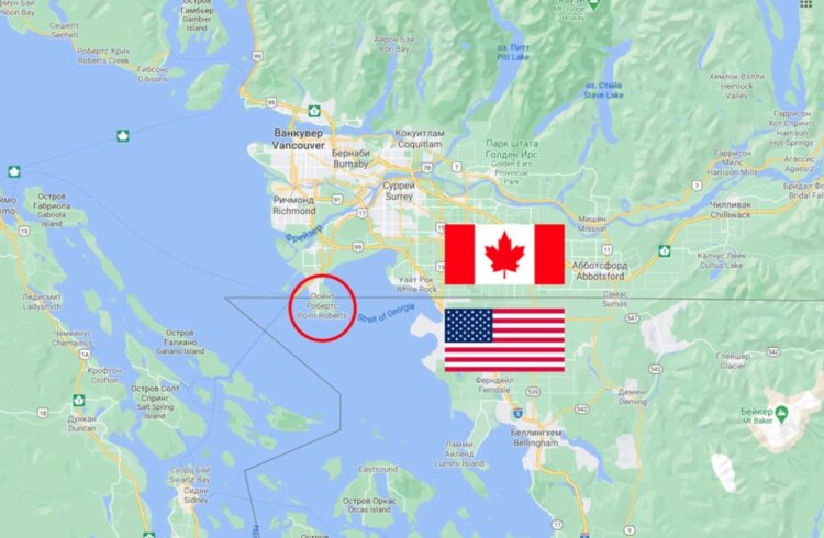 Особенности границы США и Канады. По суше в американский Пойнт-Робертс можно попасть только из Канады. Источник изображения: perito.media. Особенности границы США и Канады. По суше в американский Пойнт-Робертс можно попасть только из Канады. Источник изображения: perito.media. Фото.