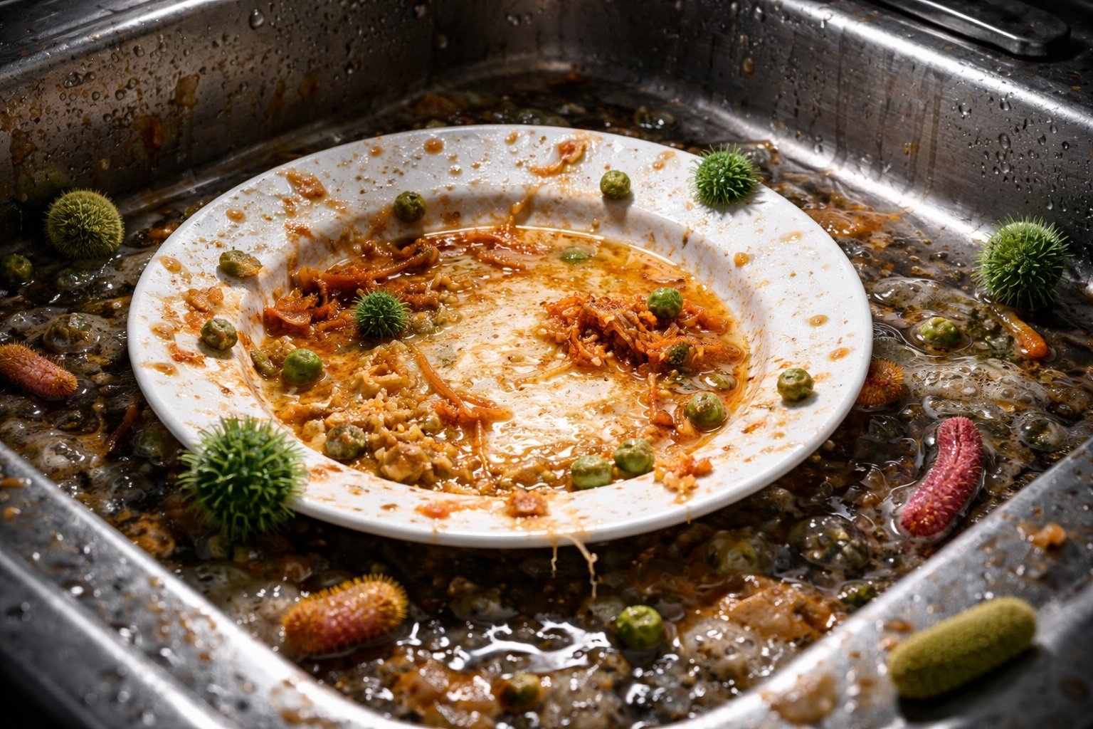 А если оставить посуду в раковине на несколько дней, мытьем придется заниматься еще усерднее. Фото.