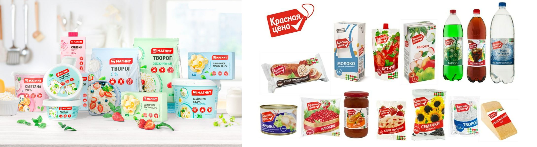 Товары собственного бренда от Магнита и Пятёрочки, как и других крупных сетей, производятся так же и там же, где и известные марки. Источник изображения: sostav.ru, dzen.ru. Фото.