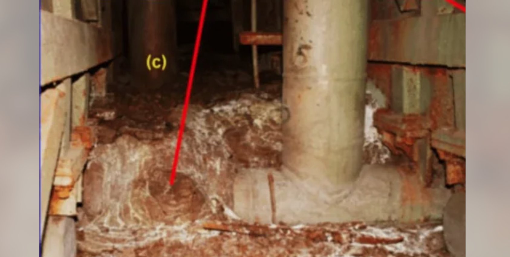 Изучение чернобыльской слоновьей ноги. При первом обнаружении Слоновья нога была настолько радиоактивной, что можно было получить смертельную дозу за примерно пять минут нахождения рядом. Источник изображения: reddit.com. Фото.