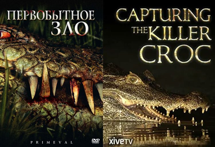 Крокодил Густав в фильмах и легендах. Обложки фильмов «Первобытное зло» и «Поимка крокодила-убийцы». Фото.