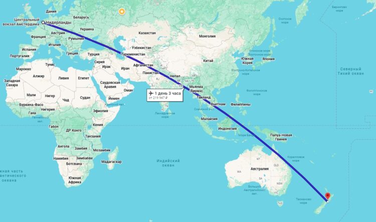 Почему Новая Зеландия так называется. Между Новой и Старой Зеландией более 18 тысяч километров. Скриншот из Google Maps. Фото.