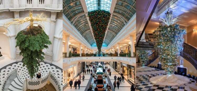 Как повесить перевёрнутую ёлку: безопасные способы крепления. Перевёрнутые новогодние ёлки в общественных пространствах. Источники изображений: ru.pinterest.com, maxchristmas-store.ru, star-tape.ru. Как повесить перевёрнутую ёлку: безопасные способы крепления. Перевёрнутые новогодние ёлки в общественных пространствах. Источники изображений: ru.pinterest.com, maxchristmas-store.ru, star-tape.ru. Фото.